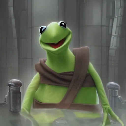 Kermit the Frog wearing Jedi robes, he's chilling Stable Diffusion