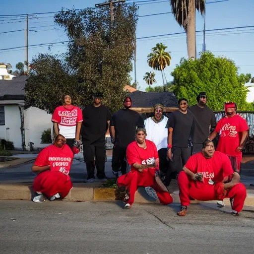 Bloods gang posing in front of old house on Los Stable Diffusion