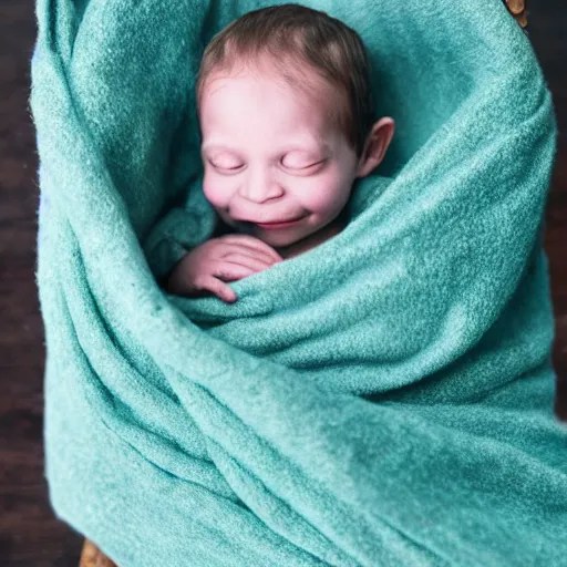 tiny goblin in a cradle, tender gremlin swaddled in a Stable