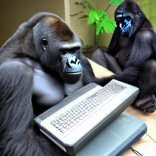 a gorilla using a 9 0's computer to surf the Stable Diffusion