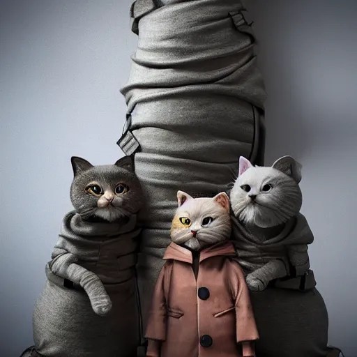 three cats inside a trench coat disguised as one Stable Diffusion