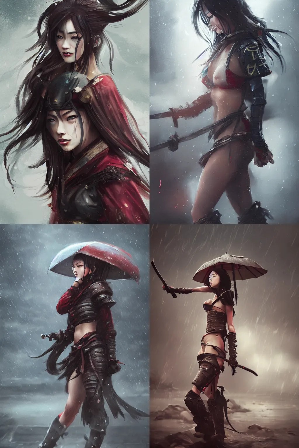 female, samurai warrior, rainy scenery, bikini, | Stable Diffusion