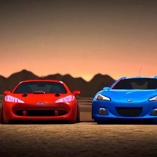An Evo 10 car and a BRZ car kissing each other, Pixar | Stable