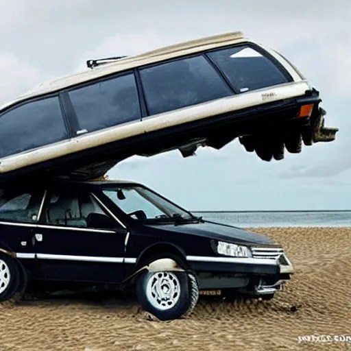 a saab 9 0 0 car upside down on a beach desert island Stable
