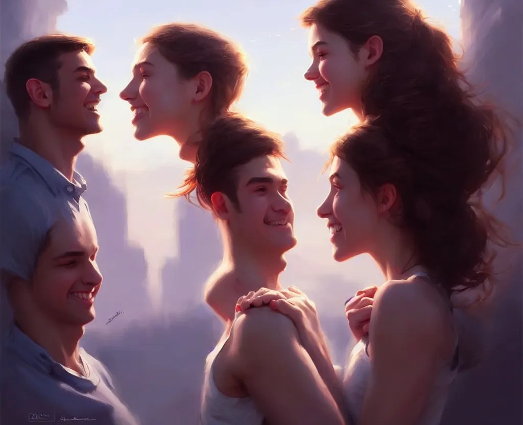 a girl holding guy's hand but guy turns and smile at Stable Diffusion