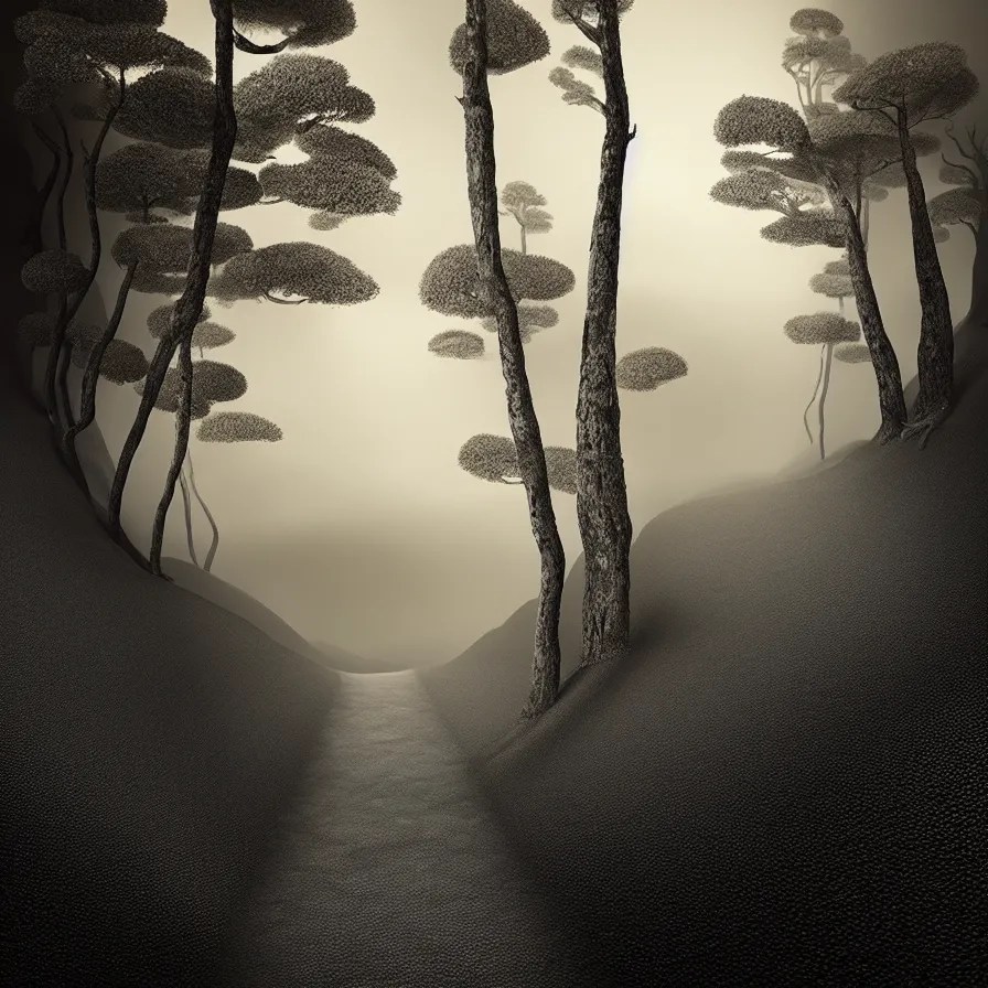 surrealist abstract black ink artwork of a stone path Stable