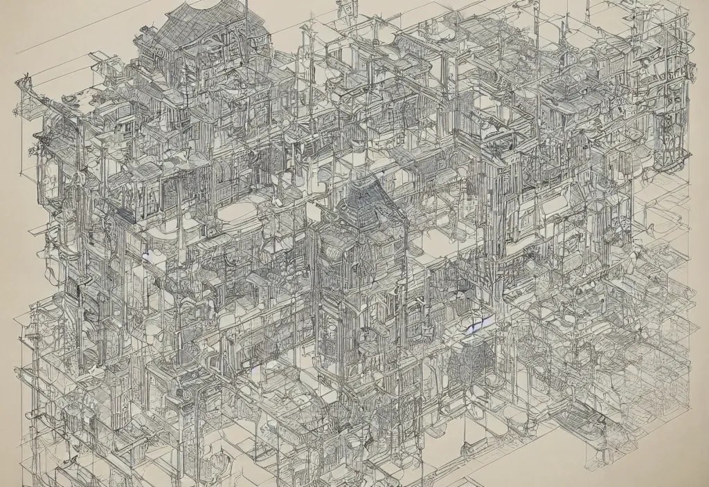 an artwork made from layers of technical drawings and Stable