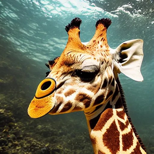 giraffe wearing a diving mask underwater on a swimming Stable Diffusion