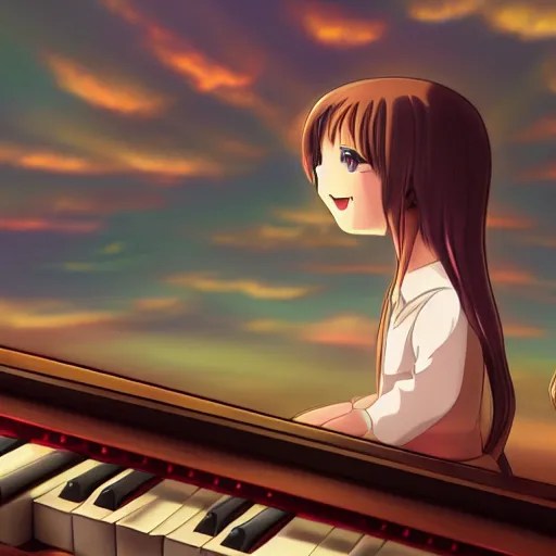 a girl playing piano in the sky,anime,highly detailed Stable Diffusion