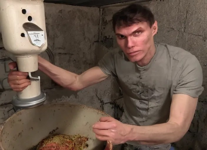 Jerma putting a person in a meat grinder in a basement Stable Diffusion