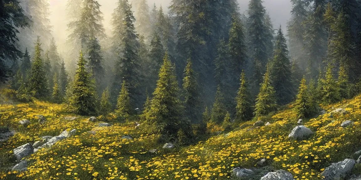 Alpine forest in Austria, various firs shooting up Stable Diffusion