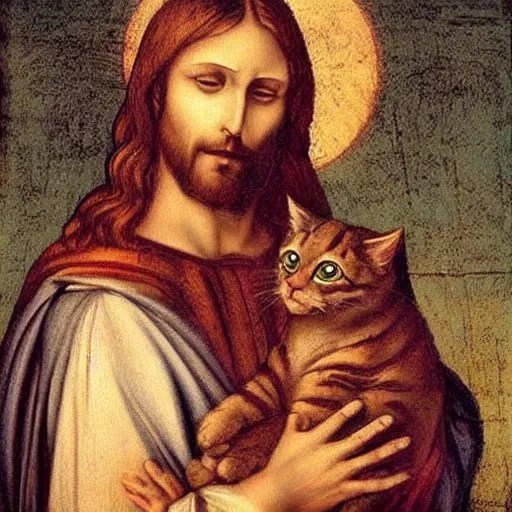 jesus holding a cute cat, big eyes, symetrical faces, Stable Diffusion