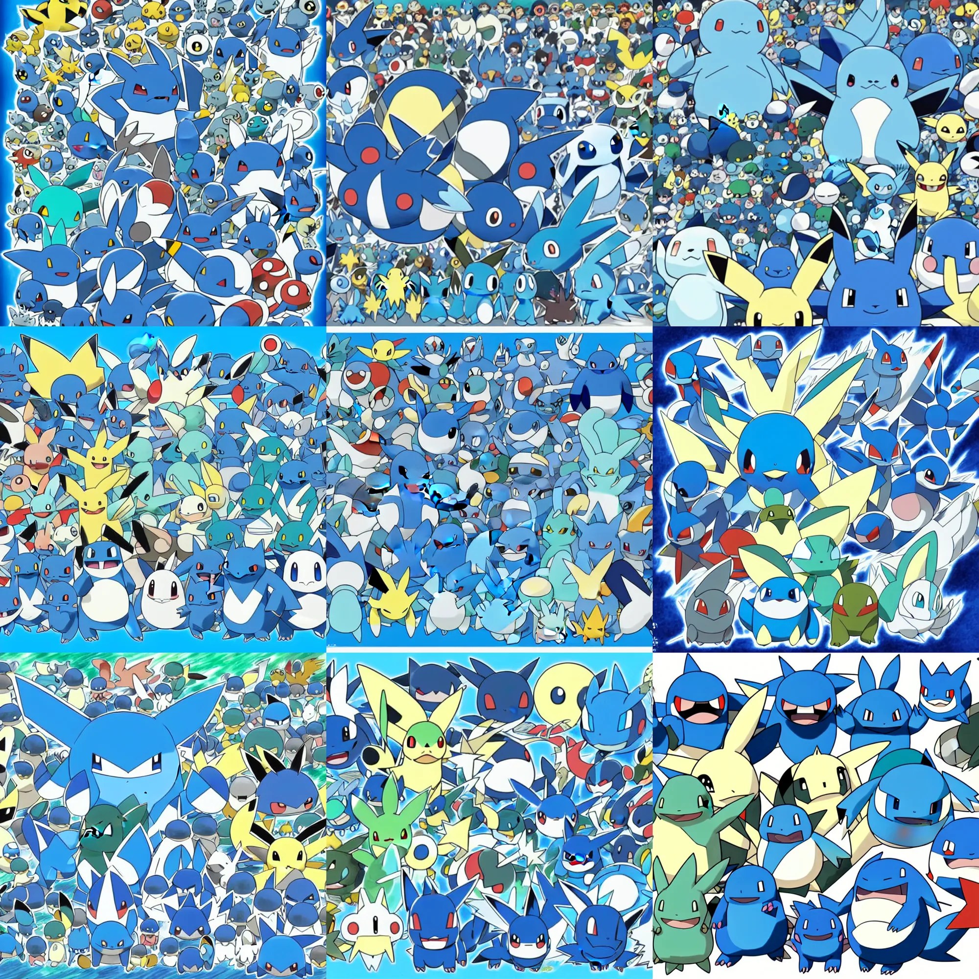 official art of a diverse crowd of blue Pokémon, by Stable Diffusion
