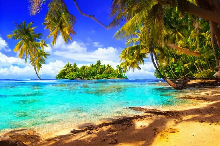 beautiful tropical island, clear blue water, golden Stable Diffusion