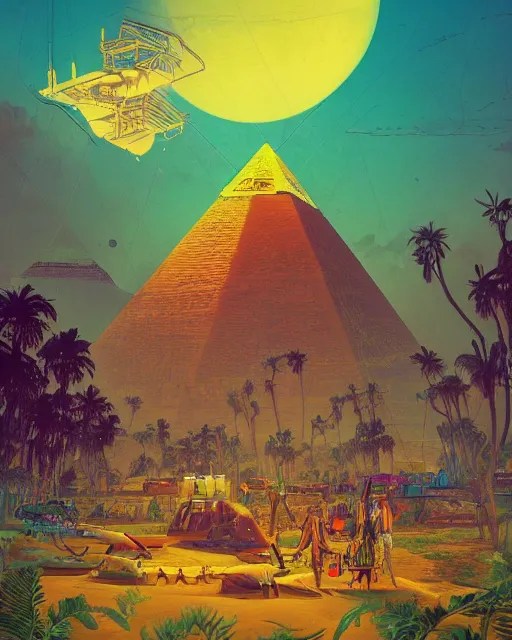 egyptian pyramids in the jungle with golden airships, Stable