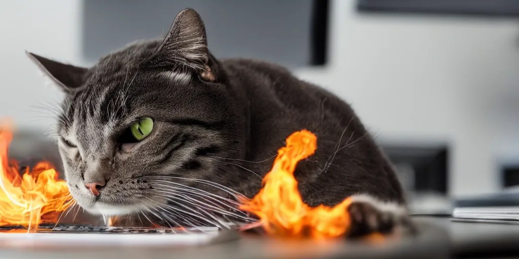 photo of a angry cat breathing fire at a computer in Stable Diffusion