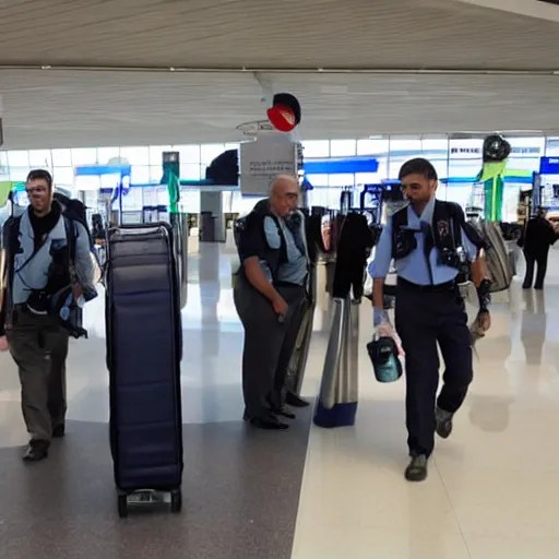 Airport security guards stuffing large bottles of Stable Diffusion