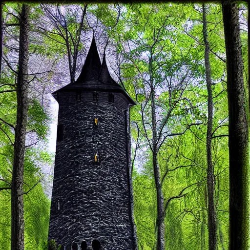 a black tower surrounded by woodlands, digital art Stable Diffusion