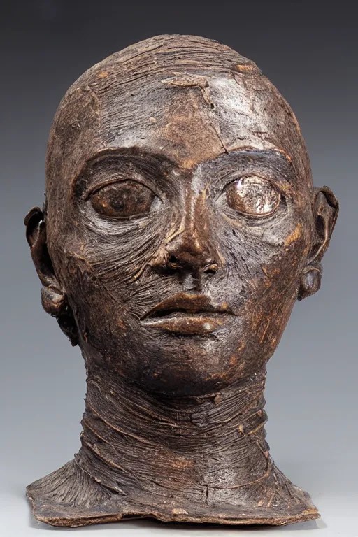 bronze hollow statue of mummified head with open Stable Diffusion