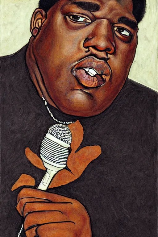 a portrait of biggie smalls holding a mic in a hand by Stable