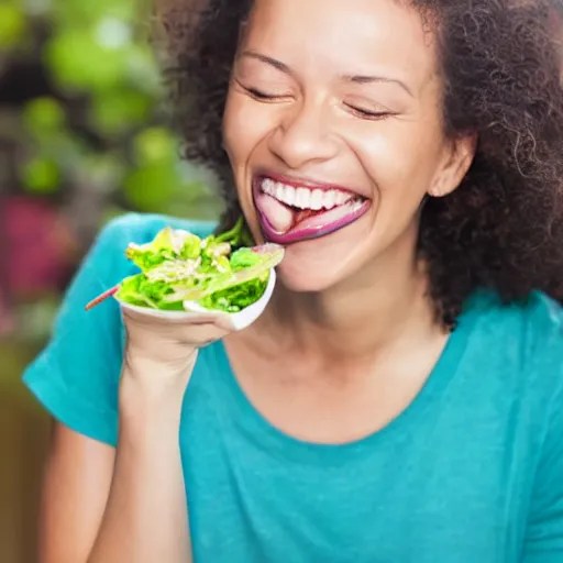 Woman laughing and eating a salad, stock photo Stable Diffusion