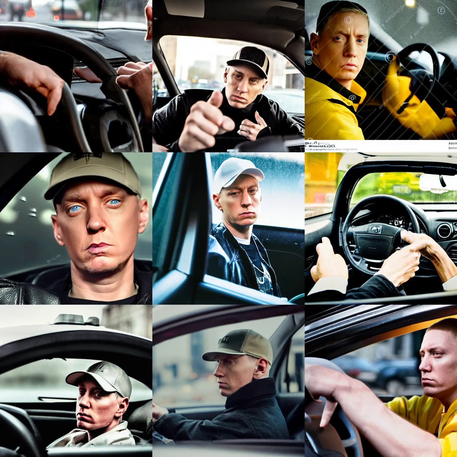 Eminem as a taxi driver with steering wheel in his Stable Diffusion