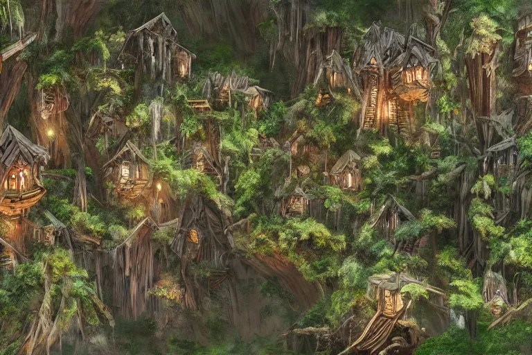 a wood elf village suspended high up in the redwood Stable Diffusion