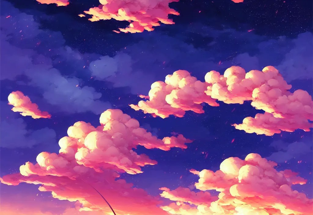 pink and yellow anime sky clouds, fantasy, artwork, Stable Diffusion