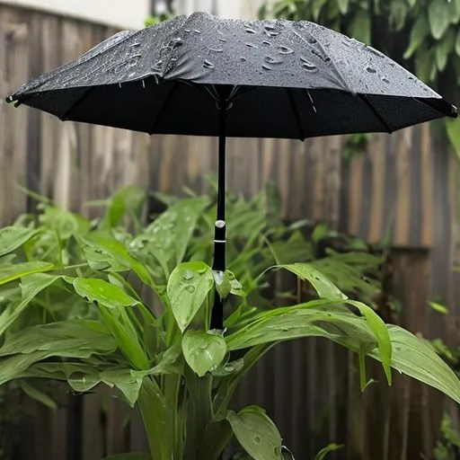 black umbrella in rain over plant