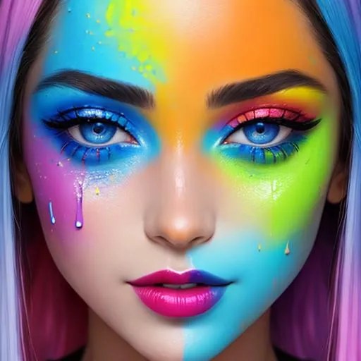 face dripping paint in rainbow colors, blue eyes, y...