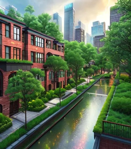 urban downtown copper and brick townhomes, park, rai... OpenArt