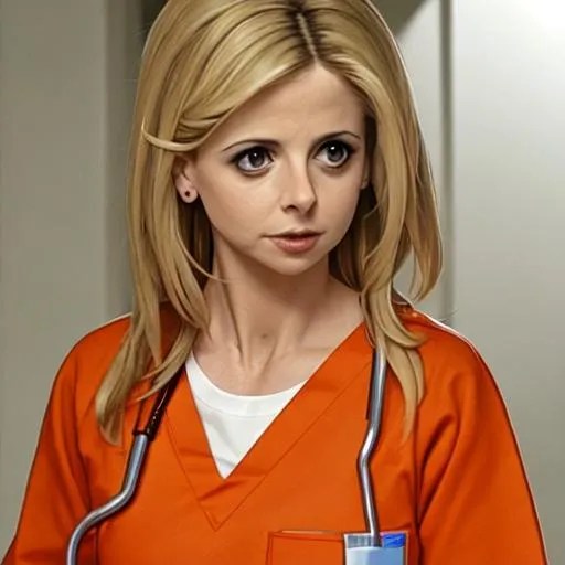 Sarah Michelle Gellar in prison wearing orange scrub...