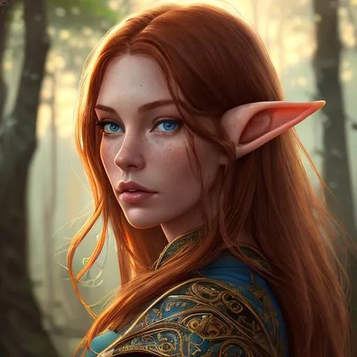 portrait of female elf with dark ginger hair and wit...