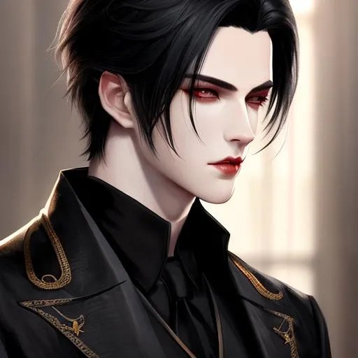 young handsome vampire, pale skin, black hair, hands... OpenArt