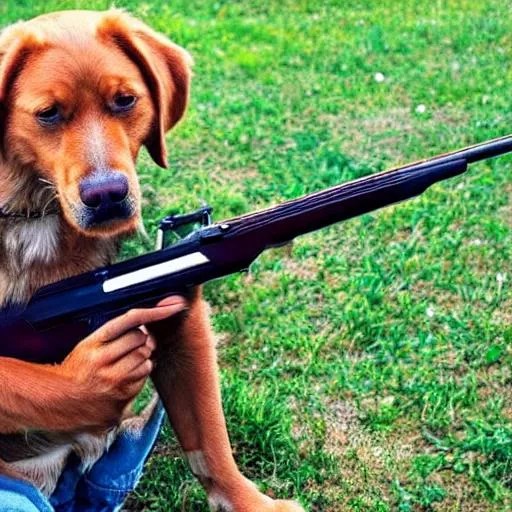 Dog holding a shotgun OpenArt