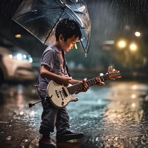 A boy playing guitar under the rain