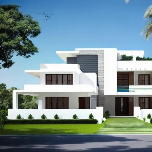 AN ULTRA MODERN WHITE MANSION FRONT VIEW