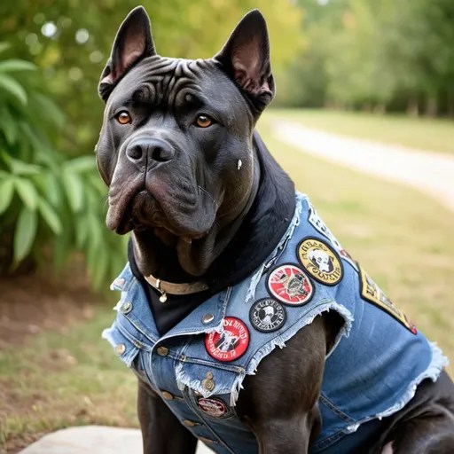 Cane Corso wearing a heavy metal music denim vest wi...