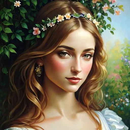 Realistic painting of a beautiful woman in a garden,...