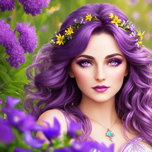 a fairy goddess, purple eyes and hair, light purpl...