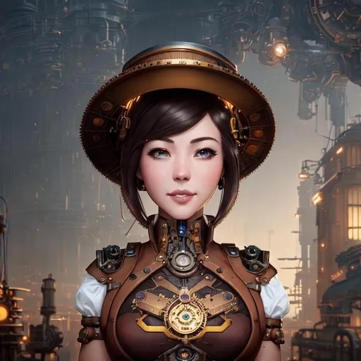 steampunk female machinist, mechanical, excited, ski...