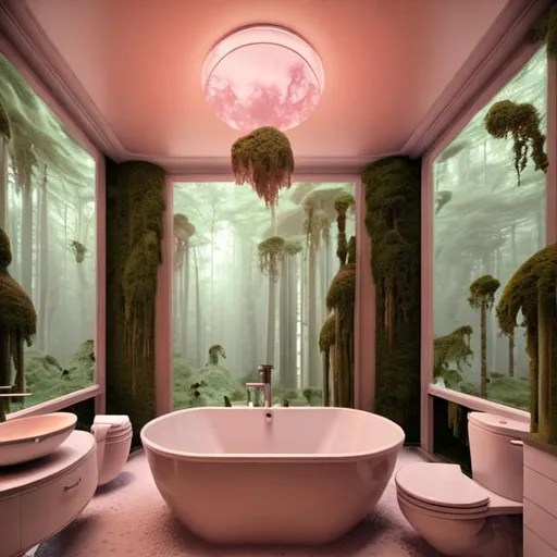 cathedral ceiling bathroom 70s, mossy pond, many lar...