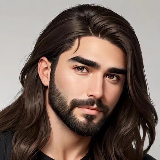 man, brown middle part hair, medium long hair, brown...