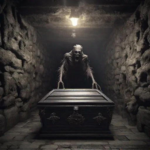 monster opens casket in a dark photo realistic scary... OpenArt