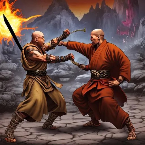 Monk fighting an evil lord, kung fu, chains, swords,...