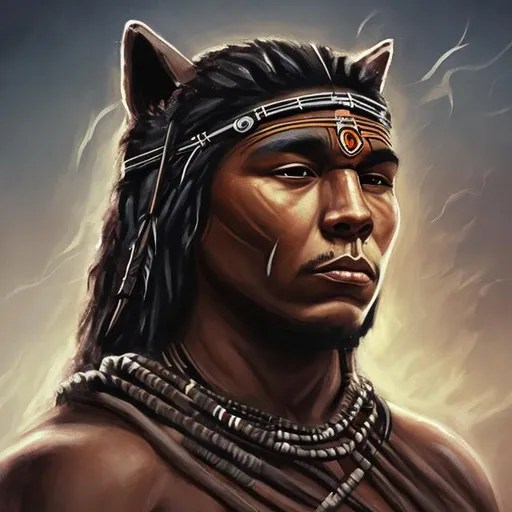 Native American warrior with black Panther on his he...