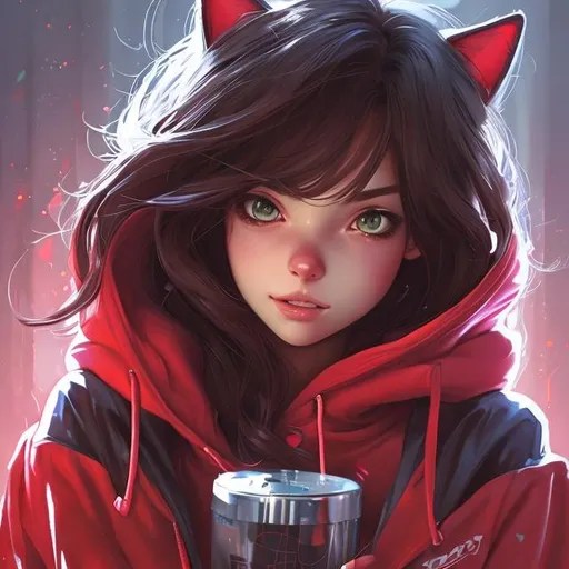 body portrait of a cat girl wearing red Hoodie and b...