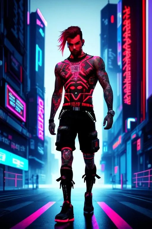 full body male, tattoo, cyberpunk edgerunner, intric...