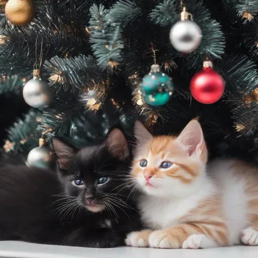 kittens sleeping under a black christmas tree