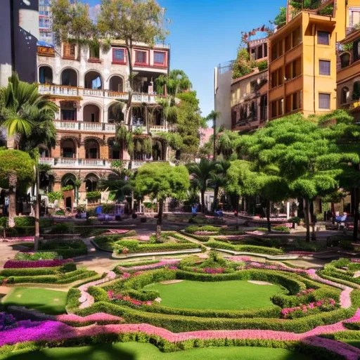 A beautiful garden plaza surrounded by buildings OpenArt